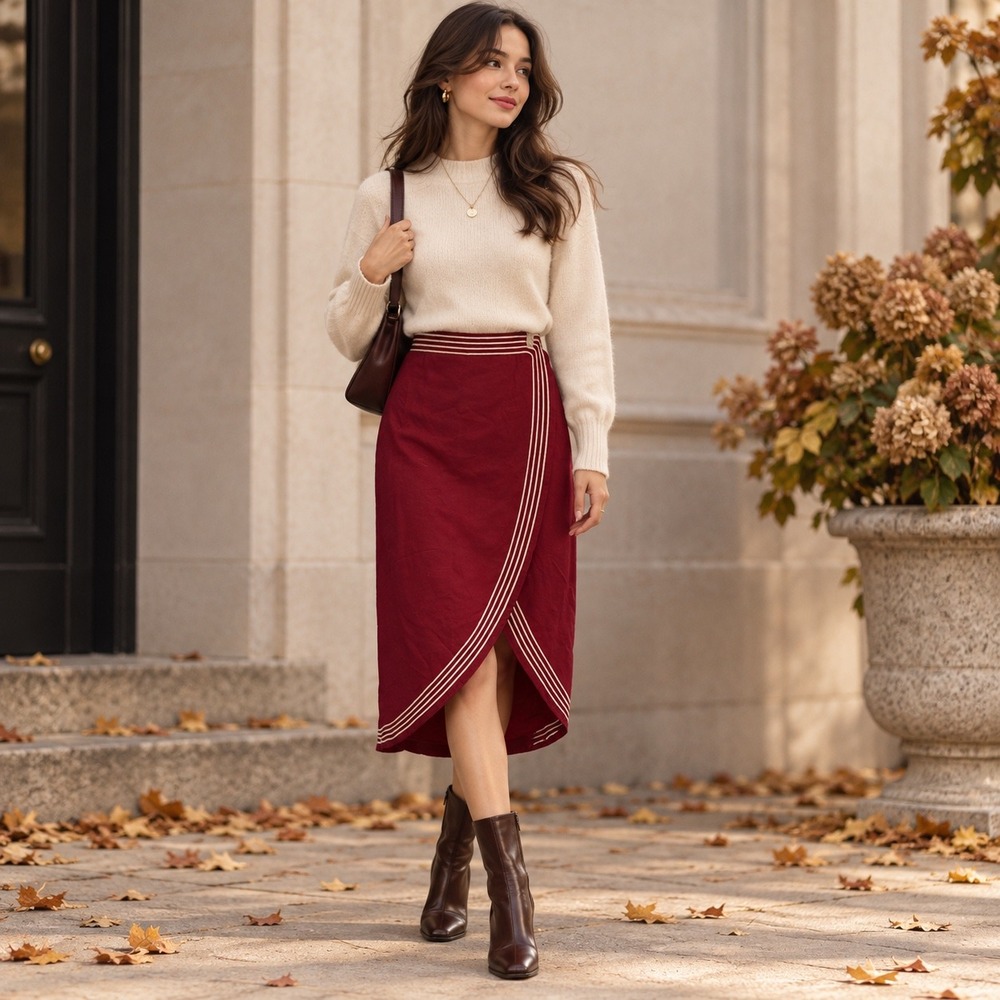 Aylaya Dublin Wrap Skirt Womens Size L Burgandy Red Linen Blend Minimalist Chic